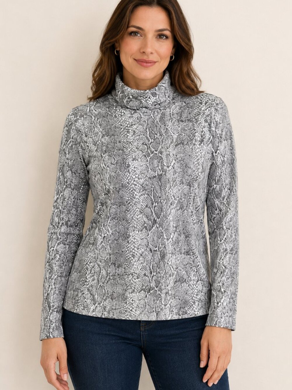The Talbots Tee Snakeskin Turtleneck Top Women's L Gray White Cotton Stretch